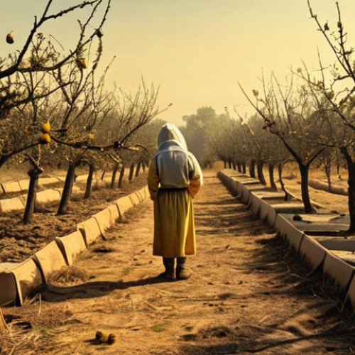 Home 4 **
A digitally painted scene depicting a desolate orchard with withered fruit trees and a lone beekeeper sadly observing empty beehives. The sky is hazy with a yellowish tint, suggesting heat and pollution. In the foreground, a child looks on with a worried expression, holding a shriveled apple. The overall mood is one of loss and environmental concern, emphasizing the impact of climate change on food security and bee populations.
**