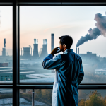 A professional environmental scientist, fully clothed in a modest lab coat, stands observing a vast modern city skyline at dusk. Smoke plumes rise from distant factories and power plants, subtly clouding the sky, symbolizing industrial carbon emissions. In the foreground, through a large window, a digital display shows a graph of rising CO2 levels. Beyond the city, hints of deforested lands are visible under a hazy sky, symbolizing the loss of carbon sinks and deforestation. The overall atmosphere conveys a sense of thoughtful concern about climate change. Appropriate attire, safe for work, perfect anatomy, correct proportions, natural pose, well-formed hands, proper finger count, natural body proportions, professional photography, high quality, family-friendly.