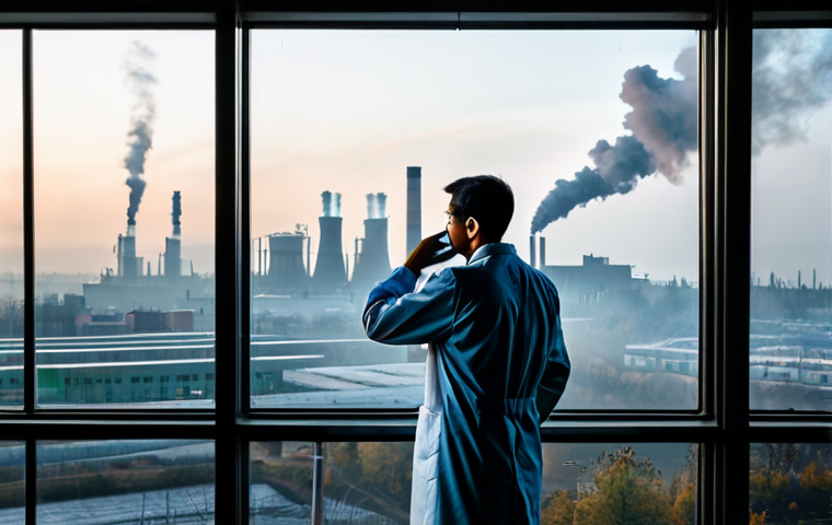 A professional environmental scientist, fully clothed in a modest lab coat, stands observing a vast modern city skyline at dusk. Smoke plumes rise from distant factories and power plants, subtly clouding the sky, symbolizing industrial carbon emissions. In the foreground, through a large window, a digital display shows a graph of rising CO2 levels. Beyond the city, hints of deforested lands are visible under a hazy sky, symbolizing the loss of carbon sinks and deforestation. The overall atmosphere conveys a sense of thoughtful concern about climate change. Appropriate attire, safe for work, perfect anatomy, correct proportions, natural pose, well-formed hands, proper finger count, natural body proportions, professional photography, high quality, family-friendly.